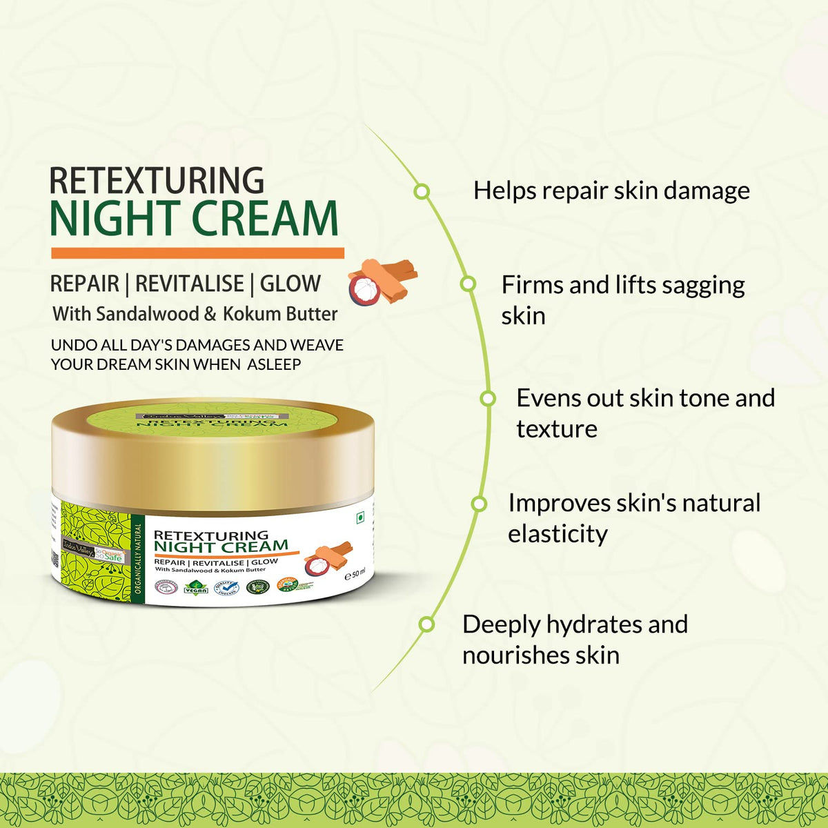 Retexturing night cream jar with benefits listed on a light green background