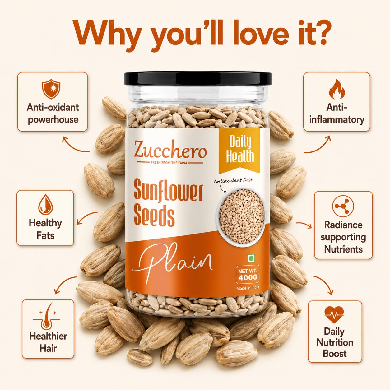 Zucchero Sunflower Seeds (1kg) -Raw Seeds for eating | Protein Loaded | Hi-Fiber | Super Food | Healthy Snack | Anti-oxidant Rich | Real Food | Lab Tested