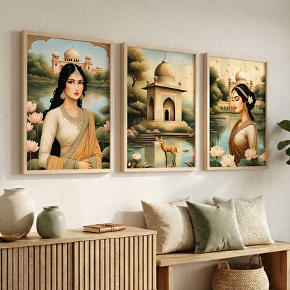 Indian Traditional Madhubani Wall Art Poster With Frame Art Home Decor Wall Painting For Living Room Office Bedroom | engineered wood Set of 3 (13X17 inch)