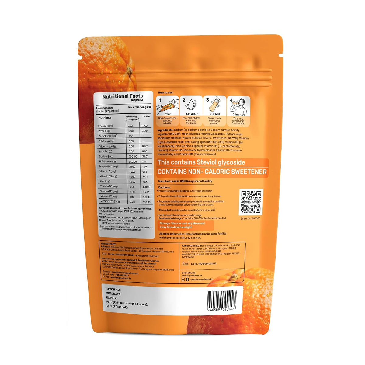 What's Up Wellness Daily Electrolytes Powder - Zesty Orange Flavour | Zero Added Sugar | Instant Hydration - Sodium, Potassium, Magnesium & Zinc | Vegan | 15 Sachets