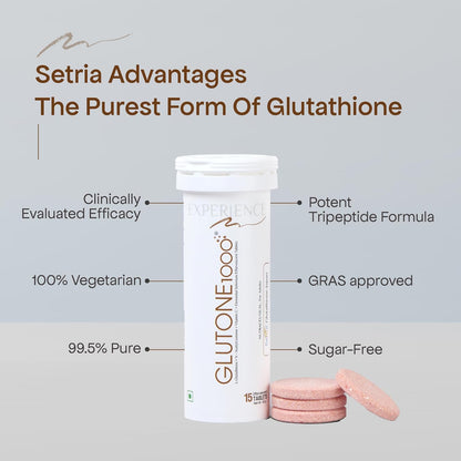 Glutathione supplement container with text highlighting its advantages on a gray background
