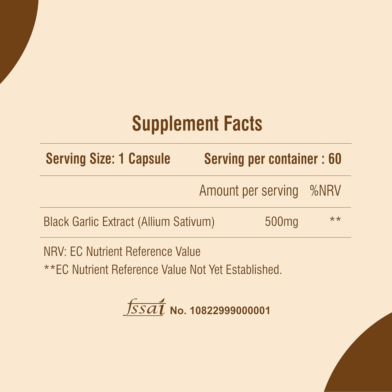Supplement facts label for a product containing black garlic extract on a beige background.