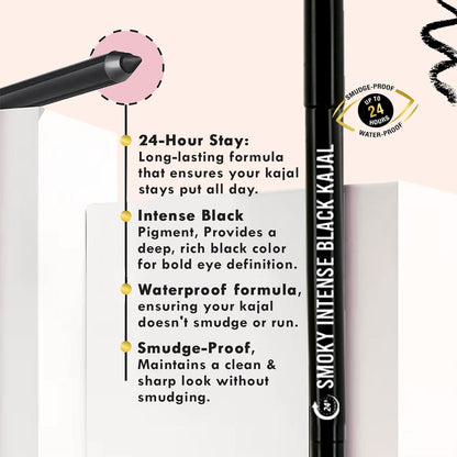GLAMVEDA Pencil Smoky Intense Black Kajal - 0.35g | 24-Hour Long Stay One-Stroke Smooth Application Waterproof, Smudgeproof & Sweatproof| Rich Pigment | Suitable for Sensitive Eye 1 count (Pack of 1)