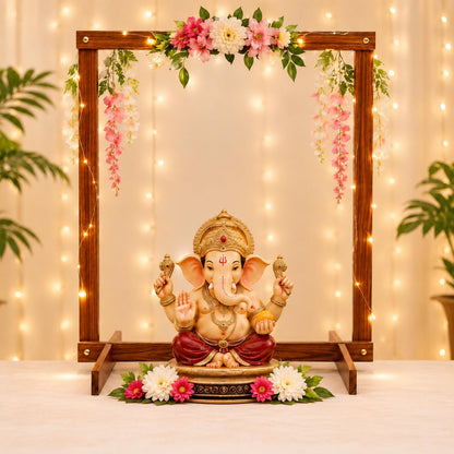 Foldable Wooden Mandap for Ganpati Decoration | Folding Ganpati Mandap for Home Pooja, Ganesh Chaturthi, Janmashtami, Navratri & All Festival Decoration | Wooden Backdrop Stand (Brown) (30 × 36 Inch)