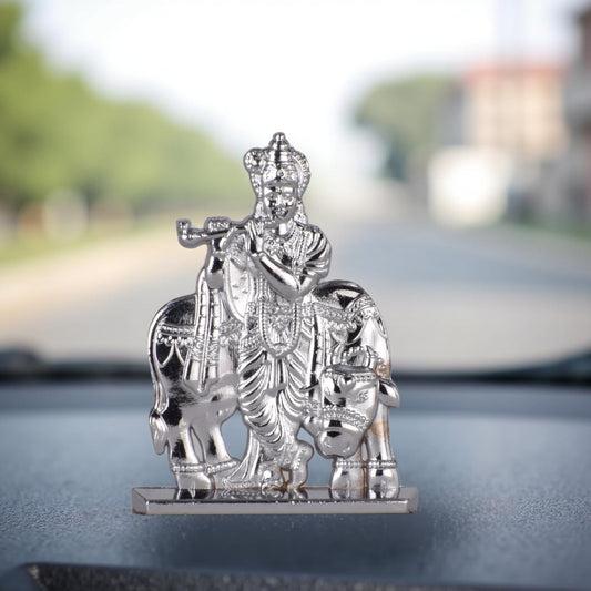 Sri Krishna with Cow & Bansuri Idol for Car Dashboard – Silver Finish Krishna Ji Figurine Spiritual Decor for Home & Mandir (S935-SLVR)