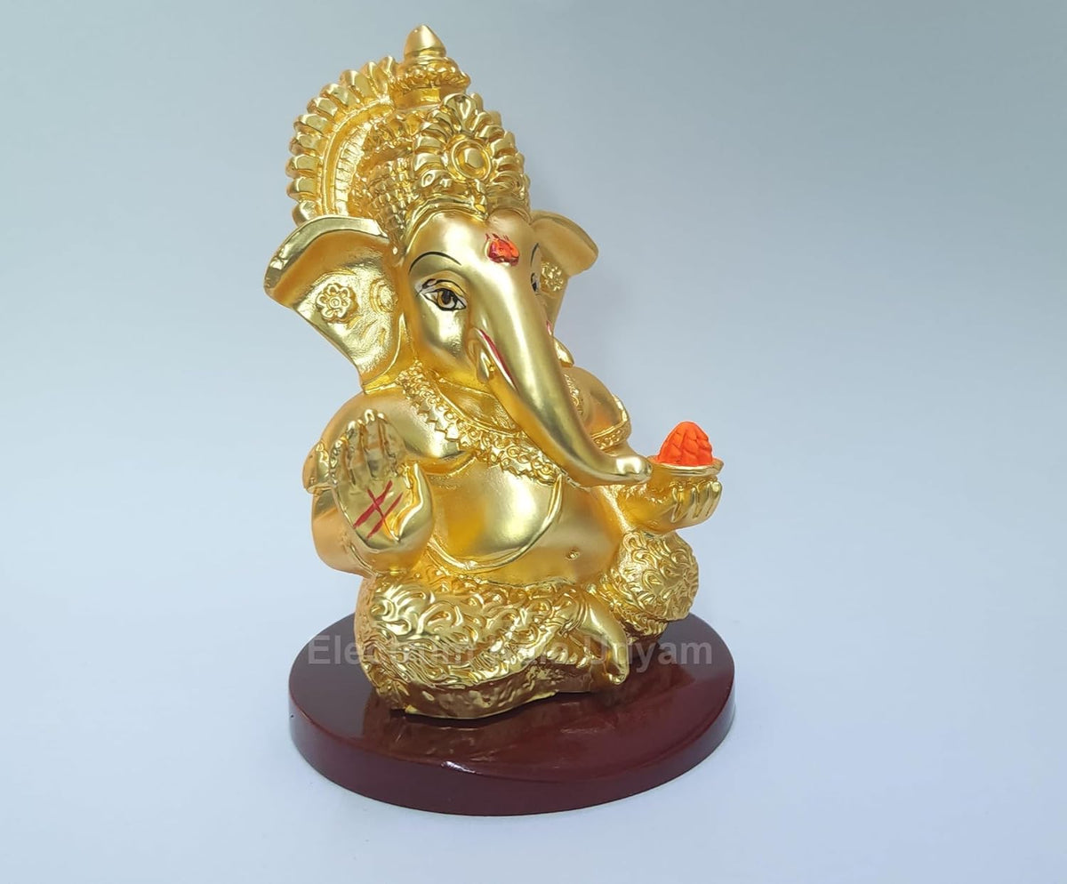 Handcrafted Poly Resin Ganesha Statue with Base - Perfect for Car Dashboard, Office Desk, Shelves, and Home Decor - Ideal Housewarming Gift! (GOLDMATTE)