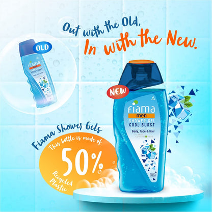 Fiama Men Body Wash Shower Gel Cool Burst, 250ml, Body Wash for Men, feel 3° cooler, with Skin Conditioners for Cool & Refreshed Skin, Mens Moisturizing Bodywash