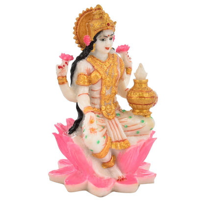 Goddess Laxmi Idol Sitting on Lotus | Handpainted Laxmi Murti on Pink Lotus Goddess Lakshmi Idol for Housewarming Gift Religious Showpiece (3.5 x 1.5 Inch)