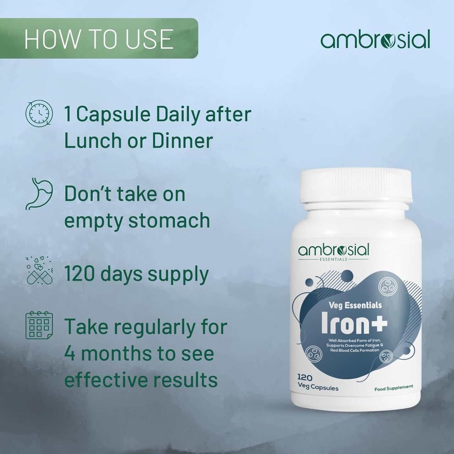 Ambrosial Iron+ supplement bottle with usage instructions on a blue background
