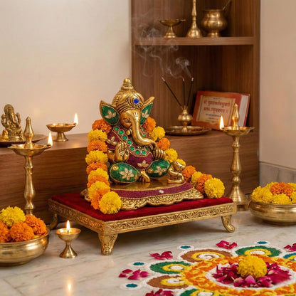 Kalakriti Metal Ganpati Idol with Mouse, 6 Inch Gold Finish Lord Ganesha Statue for Home Decor |Temple Office Hostel Desk, Hindu God Ganesh Vinayaka Decorative Showpiece for Living Room, Chua Ganesh