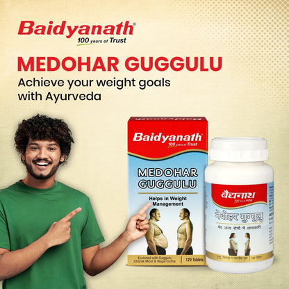 Baidyanath Medohar Guggulu packaging with a person pointing to it on a beige background
