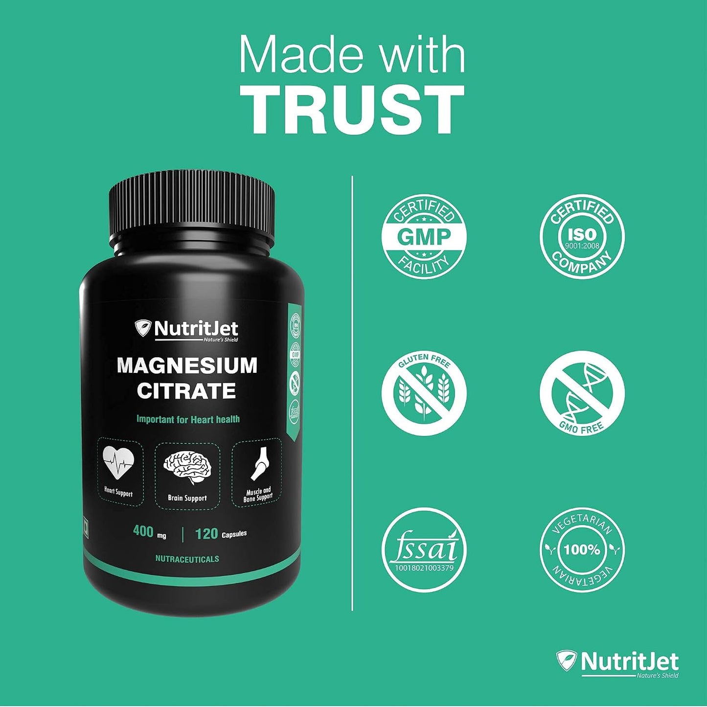 NutritJet Magnesium Citrate Powder Capsules 400mg [120 Caps] Pure Non-GMO Supplements, Natural Sleep Calm Relax