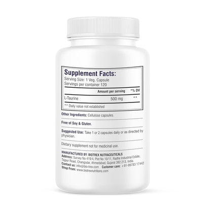 Biotrex Nutraceuticals L-Taurine 500mg Supplement, Energy, Heart, Brain & Eye Health Support, Cardiovascular system, 120 Vegetarian Capsules