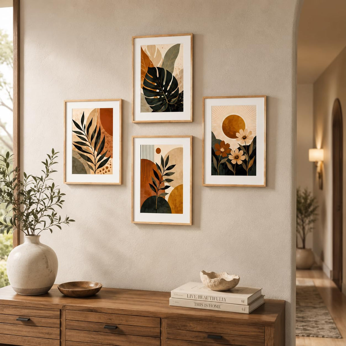Set of 4 Botanical Leaf & Floral Wall Paintings with Sparkle Laminate and Premium Wooden Synthetic Frame for Living Room Bedroom Office Decor (13.5 x 19.5 Inch)