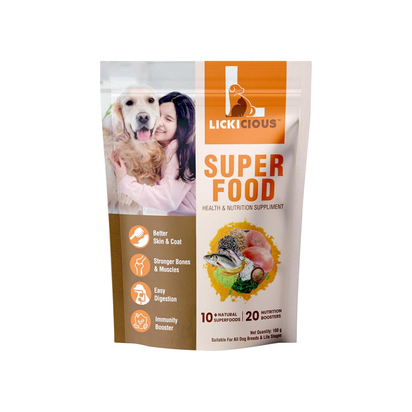 LICKICIOUS Super Food Topper 100g | Powdered Puppy & Adult Dry Dog Food Supplement with Chicken, Fish Oil for Stronger Bones, Joints, Immunity | Healthy Skin & Shiny Coat | 10+ Natural Superfoods