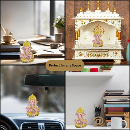 Gold Art India Gold Plated Ganesha with Terracotta Colour - Perfect for Car Dashboards, Office & Home Shelves, Diwali Puja, and Gifting (MukutGoldPink 3.5"), Idol