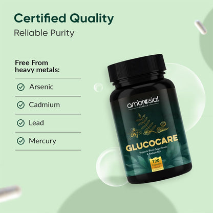 Bottle of Ambrosial Glucocare on a light green background with text about certified quality and purity.