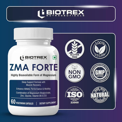 Biotrex Nutraceuticals ZMA Forte | Combination of Magnesium Bisglycinate, Zinc, Glycine, Vitamin B6 & D3 | Highly Bioavailable Form of Magnesium | Sleep Support Formula with Muscle Recovery | Enhances Atheletic Performance & Motility - 60 Veg Capsules