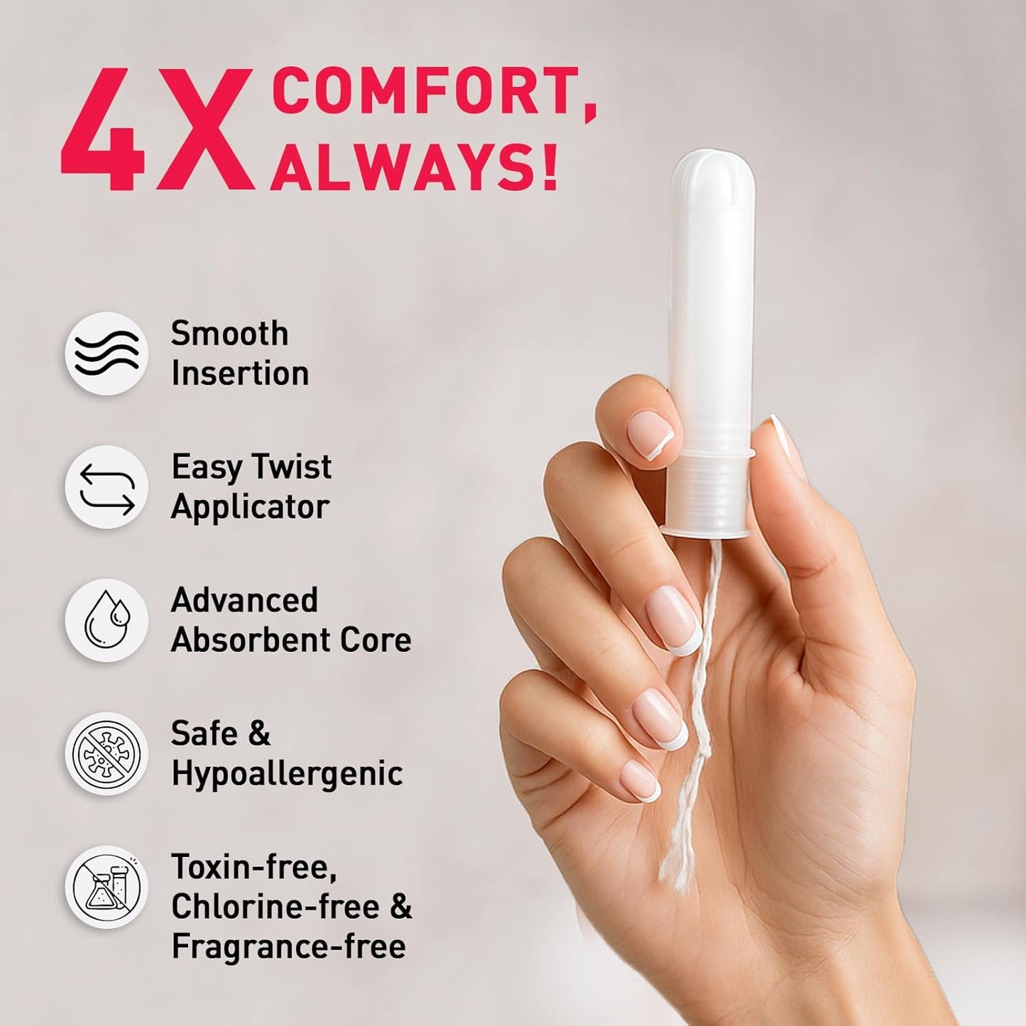 Hand holding a product with features listed on a light gray background
