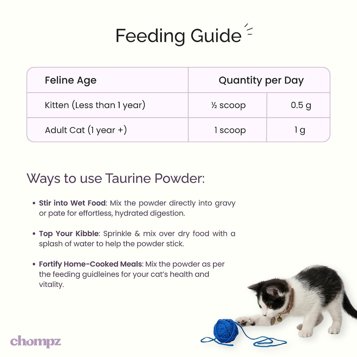 Chompz Taurine Supplement for Cats | 50g Powder | Supports Heart, Vision & Immunity | Unflavoured & Pure | Mixes into Any Meal | Scooper Included | 50+ Day Supply | for Adult Cats & Kittens