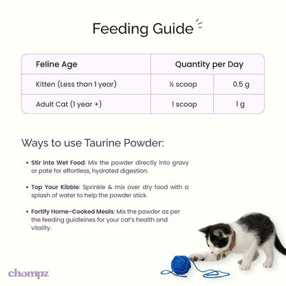Chompz Taurine Supplement for Cats | 50g Powder | Supports Heart, Vision & Immunity | Unflavoured & Pure | Mixes into Any Meal | Scooper Included | 50+ Day Supply | for Adult Cats & Kittens