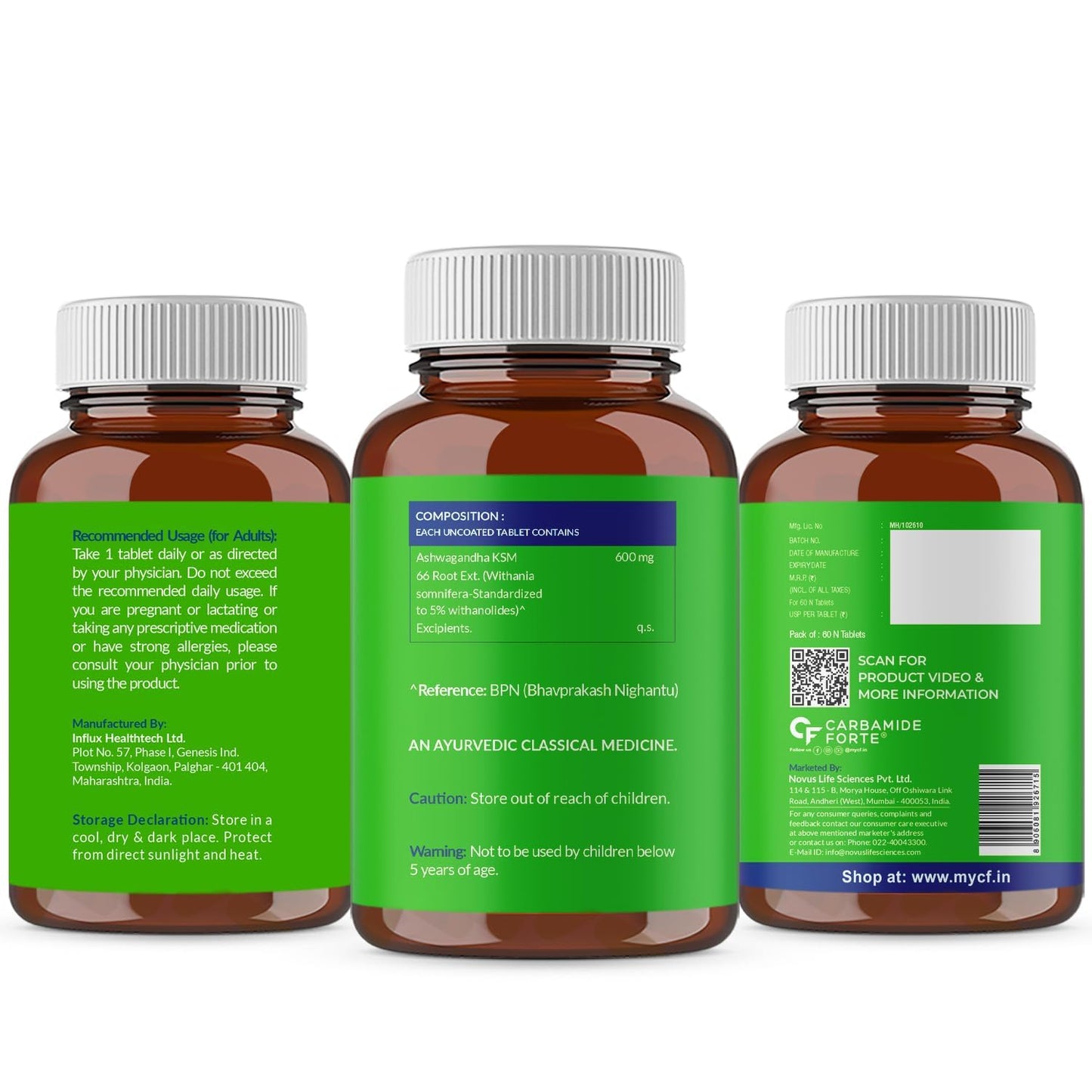 Carbamide Forte Ashwagandha KSM66 600mg - 60 Tablets I KSM 66 Ashwagandha Tablets for Men & Women | Supports Stress Management & Muscle Recovery