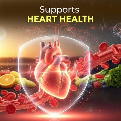 Illustration of a heart with blood cells and fruits/vegetables, highlighting heart health benefits.