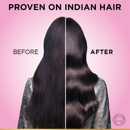 Before and after comparison of Indian hair on a pink background