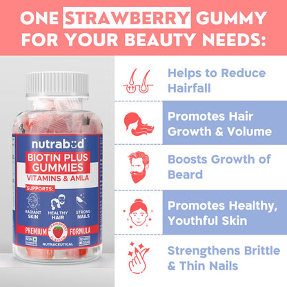 Nutrabud Biotin Hair Gummies For Women, Men | No Added Sugar | For Healthy Hair Growth, Skin Glow & Strong Nails | Strawberry Flavor Veg Gummy Bear Supplement - 60 Count (Pack of 1)
