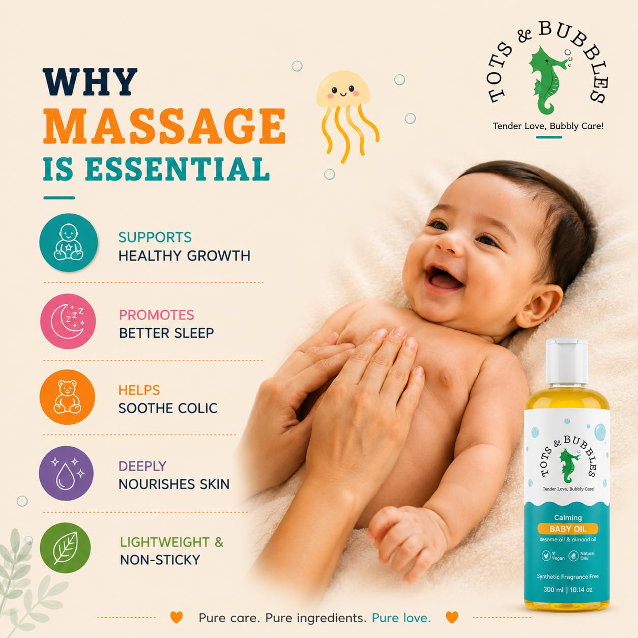 Tots & Bubbles 100% Natural Baby Massage Oil | Almond, Olive & Mustard Oil Blend for Skin & Hair | Lightweight, Non-Sticky & Gentle for Newborn – 300 ml