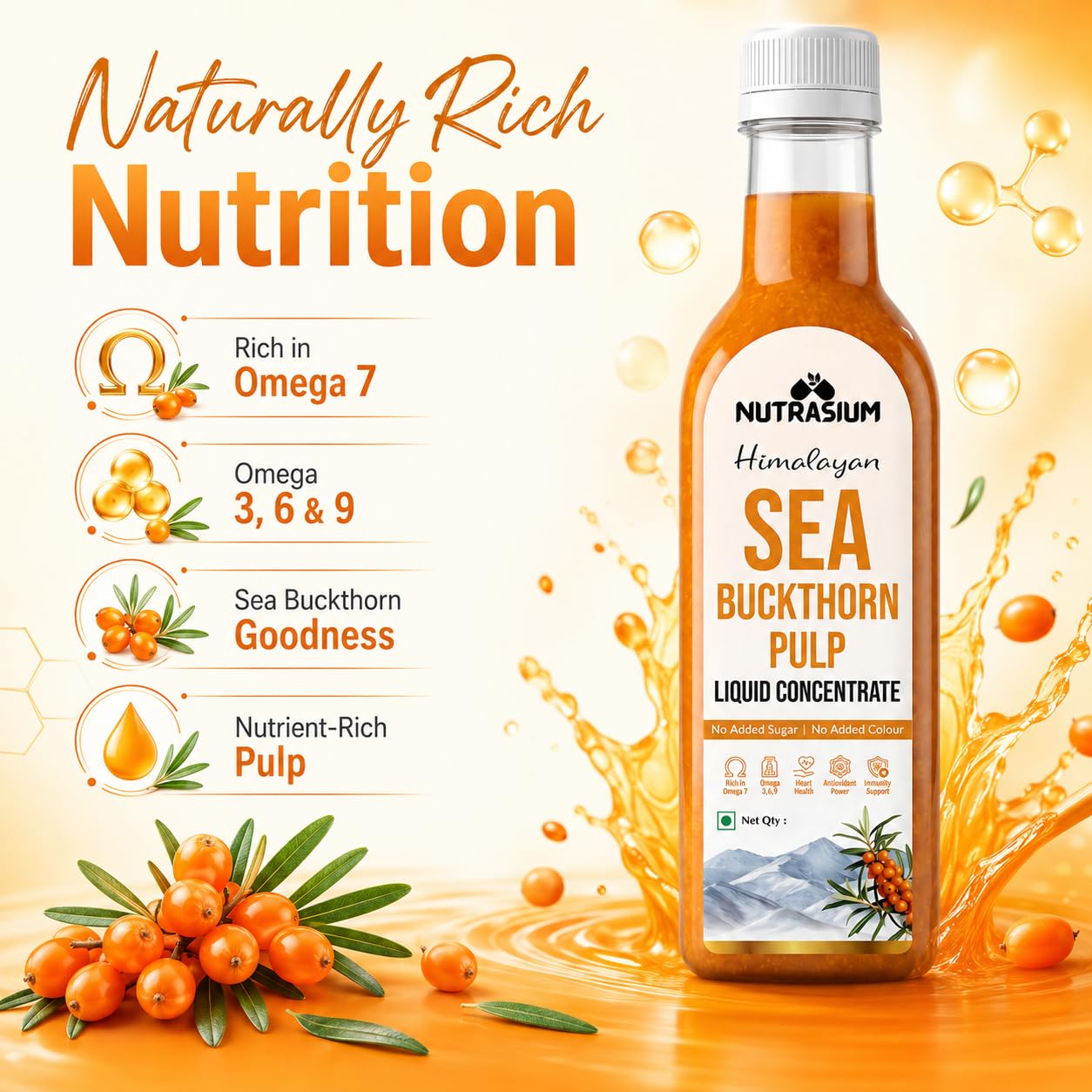 Nutrasium Himalayan Sea Buckthorn Berry Juice - 500 ml - Natural Source of Vitamin C, Omega 3 6 7 9, Antioxidants for Immunity, Skin Glow & Gut Health - 50 Glasses