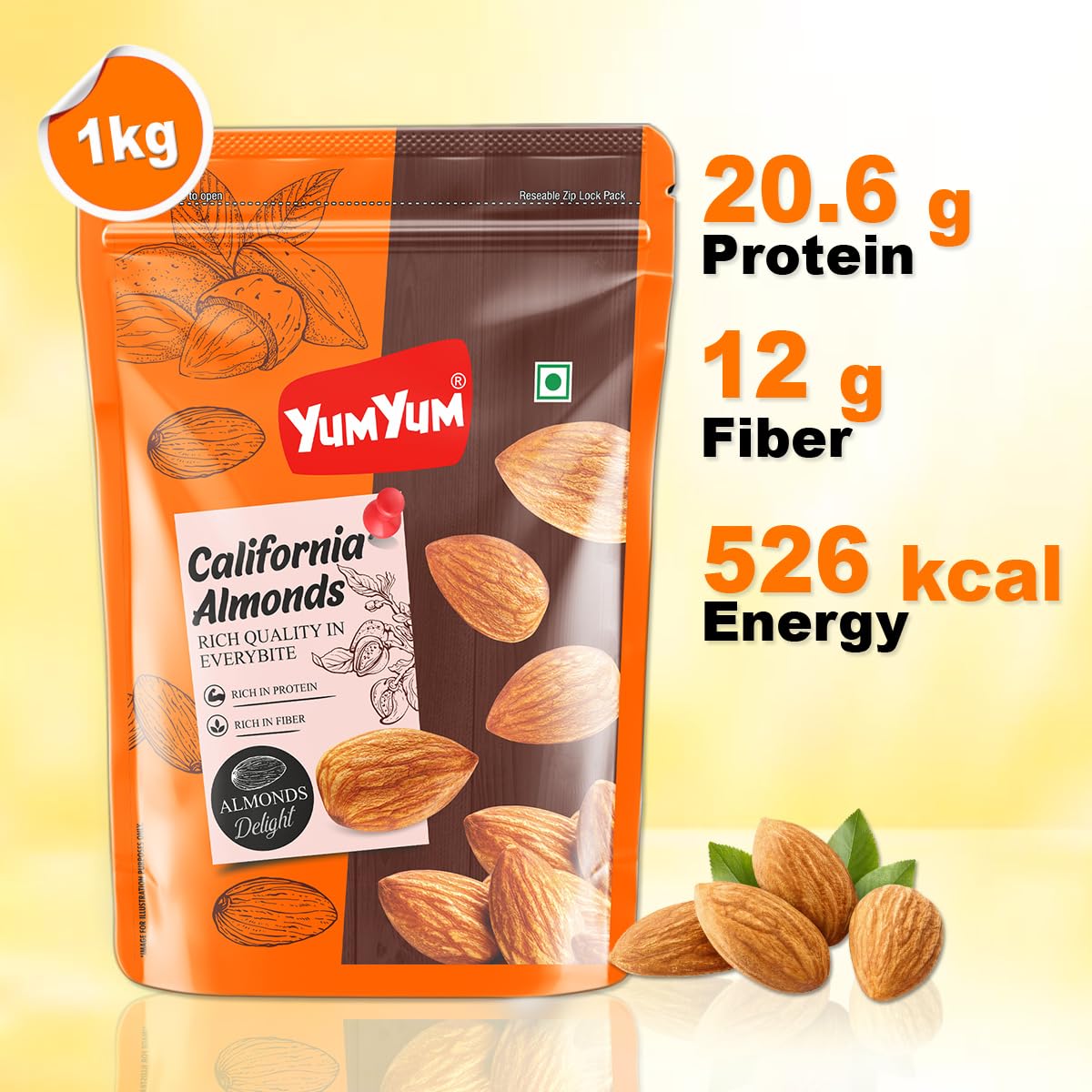 Yum Yum California Almonds/Badam Whole, 1Kg, Real Nuts, High in Fiber, Badam Giri, Rich in Protein, Magnesium, Phosphorus and Dietary Fibre, Dry Fruits