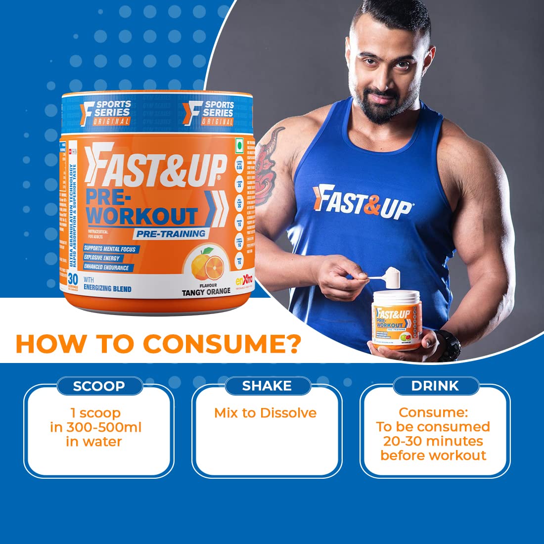 Person holding a container of Fast&Up pre-workout supplement with product packaging and consumption instructions.