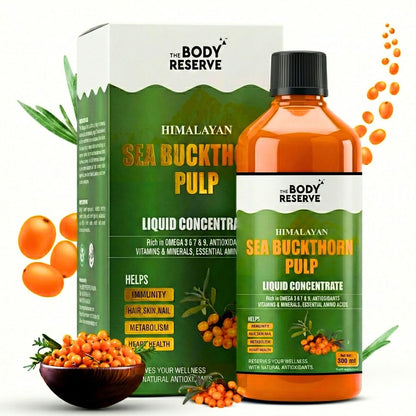 Himalayan Sea Buckthorn Pulp product from The Body Reserve with packaging and sea buckthorn berries.