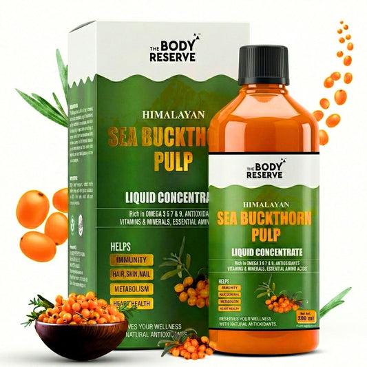 Himalayan Sea Buckthorn Pulp product from The Body Reserve with packaging and sea buckthorn berries.
