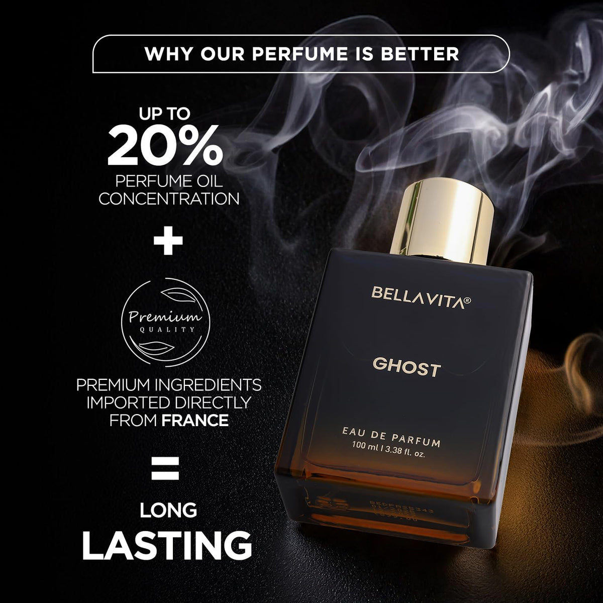 Bellavita Ghost perfume bottle with smoke effect on a dark background