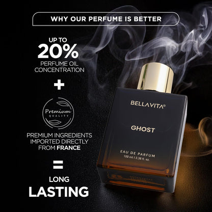 Bellavita Ghost perfume bottle with smoke effect on a dark background