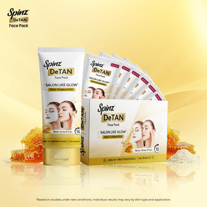 Spinz DeTan Face Pack with Besan, Honey & Kojic Acid | Tan Removal cream for Brightening & Glow | Salon-like Glow in 15 mins | 72g, Pack of 6 (12g x 6)