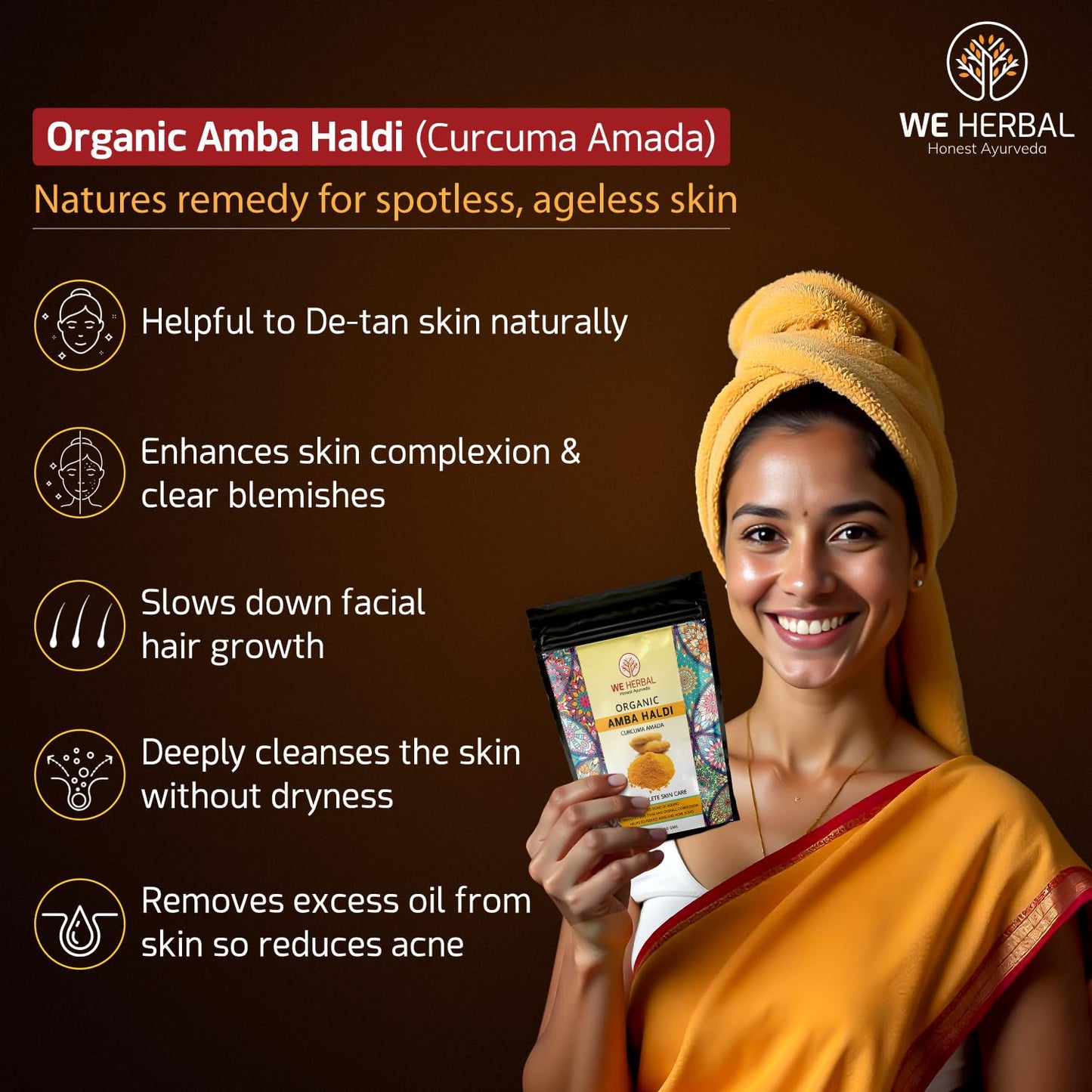 WE HERBAL Amba Haldi Powder for Skin 50g, Pure medicinal Turmeric Powder for Face and Body Care, Helps Reduce Pigmentation Tan and Dark Spots, Provides Instant Glow, Natural Herbal Skincare