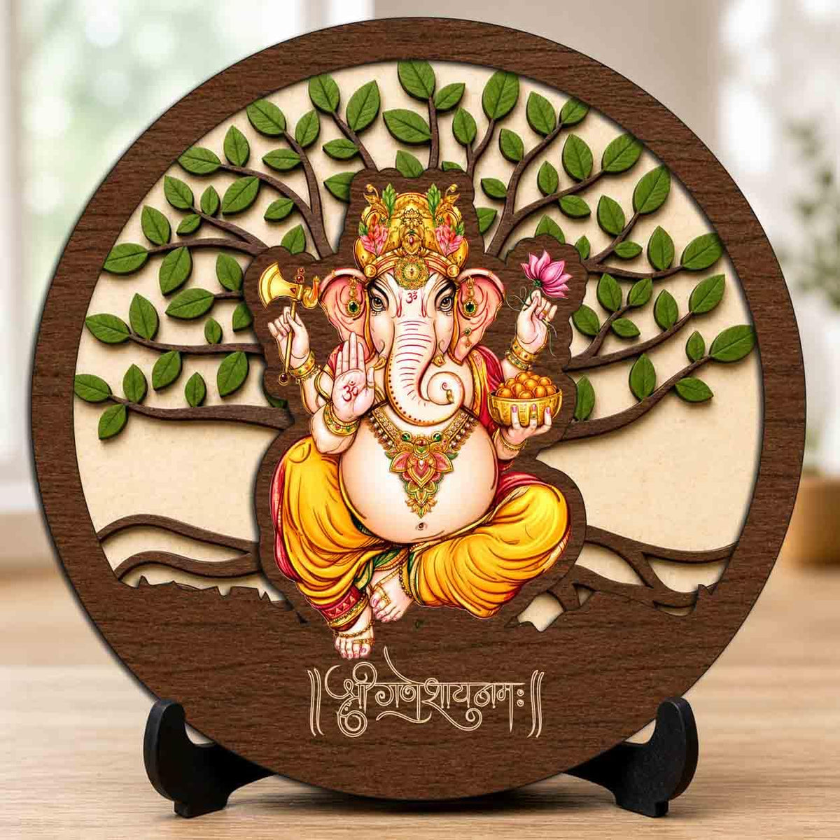 Plan To Gift Ganesh Ji Wooden Murti for Home Mandir, Prayer Room, Table Top Decor & Spiritual Gifting - 5x5 Inch