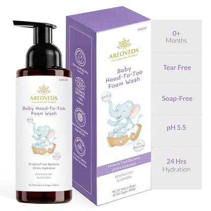 AreoVeda Baby Head-To-Toe Foam Wash With Self-Foaming Pump (500ml) I Tear-Free Baby Wash I 24 Hrs Hydration I pH 5.5 With PENTAVITIN® & Aloe Vera I Safe from Day 1 I Lab Tested, Ecocert Certified, EWG Verified