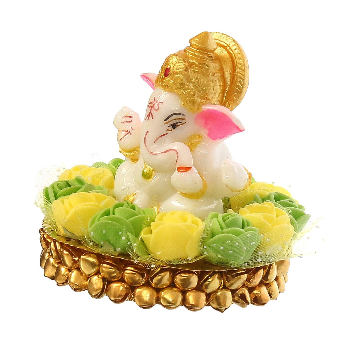 Lord Ganesha Idol on Decorative Handcrafted Plate with Green and Yellow Flowers