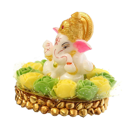 Lord Ganesha Idol on Decorative Handcrafted Plate with Green and Yellow Flowers