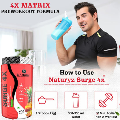 Man holding a blue shaker bottle with Naturyz Surge 4x pre-workout supplement packaging and usage instructions.