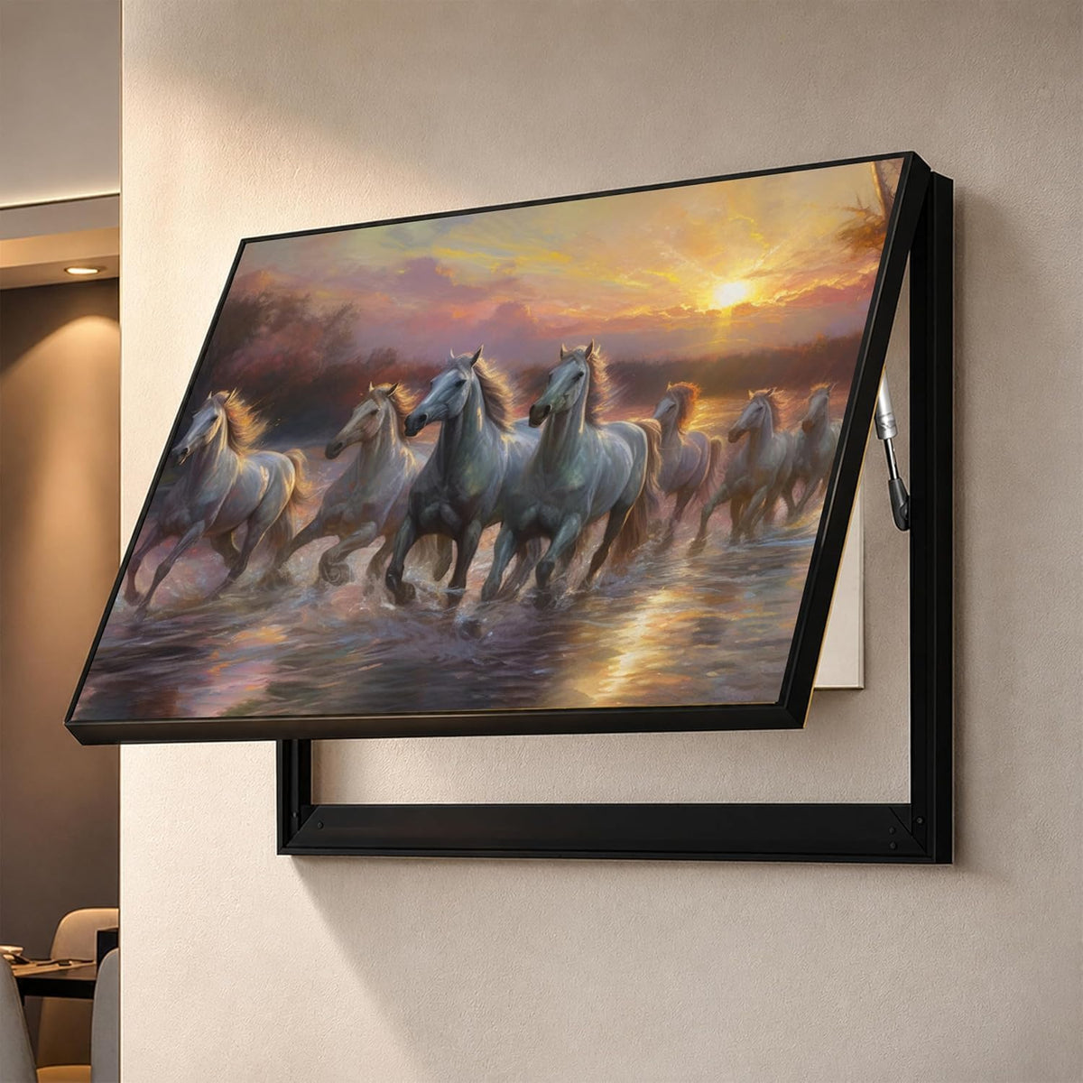 Electric MCB Box Cover Frame With Hydraulic Decorative Painting White 7 Running Horse Painting Electrical Panel box Cover, Switch Box Frame Will Fit Max 10x14 inch Switch Board, Outer Size 13X17 Inch