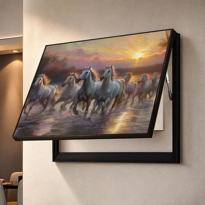 Electric MCB Box Cover Frame With Hydraulic Decorative Painting White 7 Running Horse Painting Electrical Panel box Cover, Switch Box Frame Will Fit Max 10x14 inch Switch Board, Outer Size 13X17 Inch