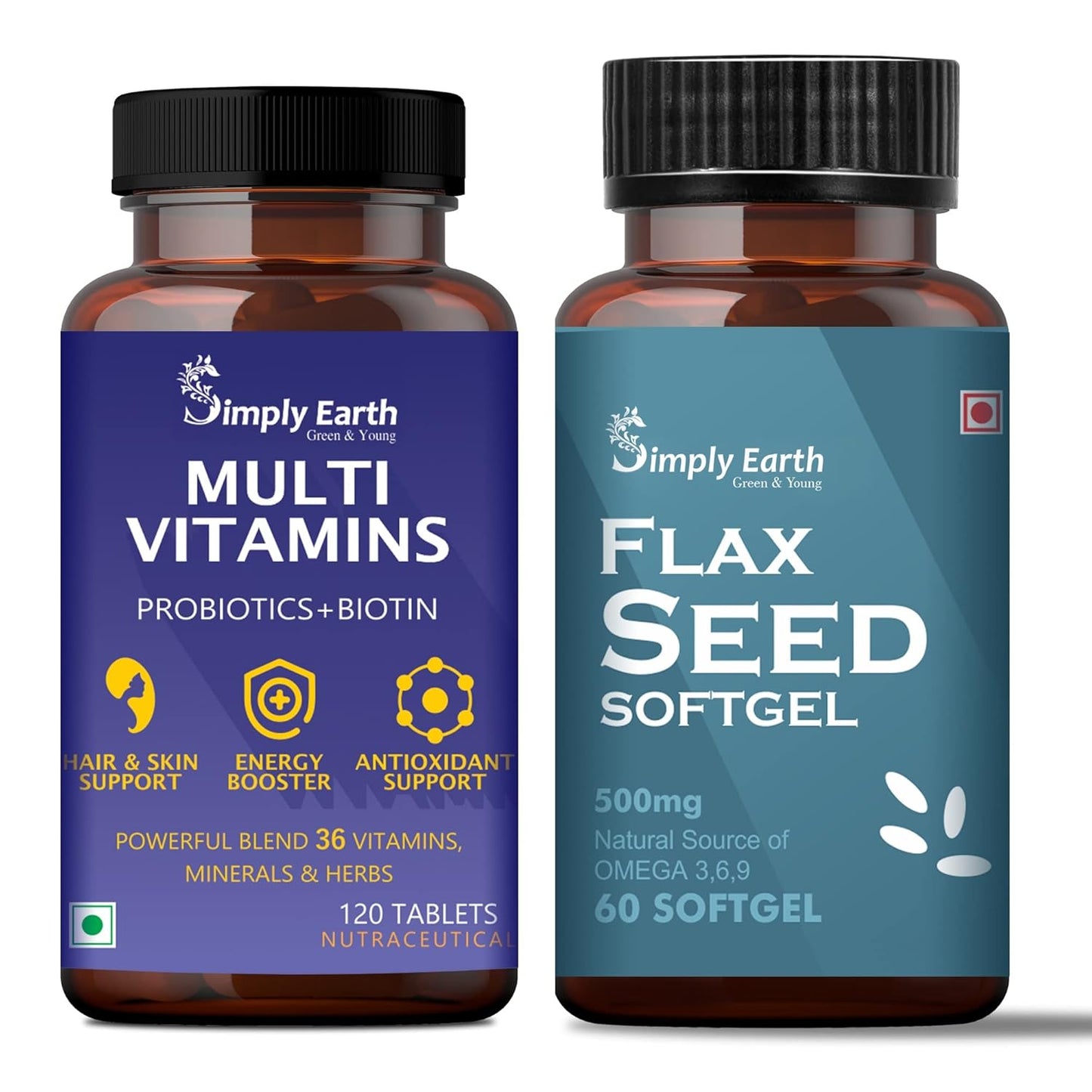 Simply earth Cold Pressed Flax seeds oil Omega with extra Virgin oil, Linolenic Acid, Oleric Acid | Natural Form of omega 369-60 Softgels (Fish Oil + Multivitamin) (Flax Seed + Multivitamin)