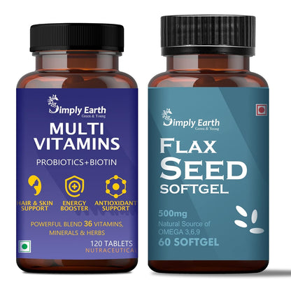 Simply earth Cold Pressed Flax seeds oil Omega with extra Virgin oil, Linolenic Acid, Oleric Acid | Natural Form of omega 369-60 Softgels (Fish Oil + Multivitamin) (Flax Seed + Multivitamin)