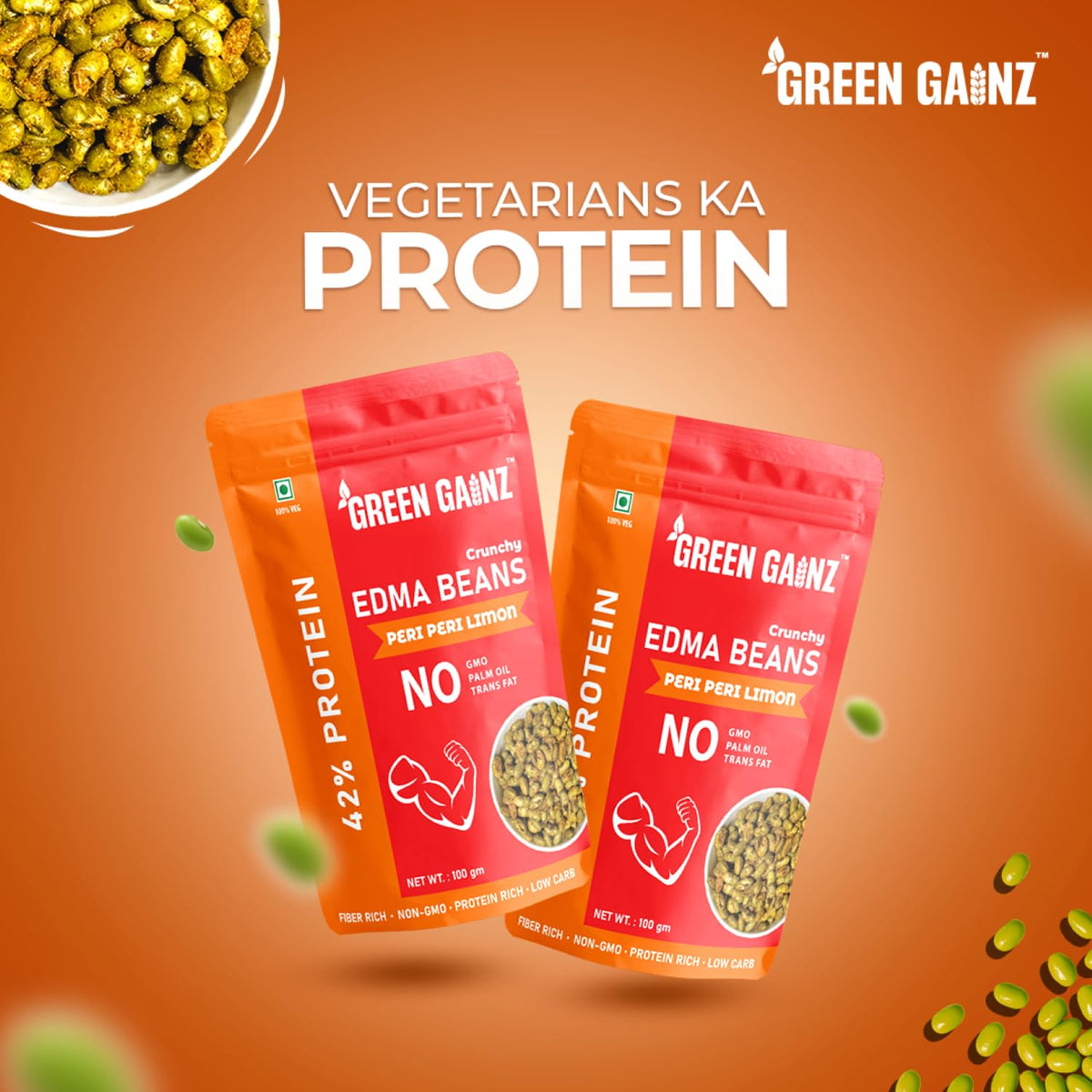 Green Gainz Roasted Edamame Peri Peri Limon Flavour 100gm | Healthy Namkeen Snacks | 100% Veg High Protein Snack | Fiber Rich | No Palm Oil | Roasted, Not Fried