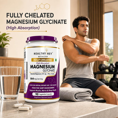 HealthyHey Nutrition Magnesium Glycinate 14% Fully Chelated Supplement High Absorption for Sleep, Cramps, & Nerves Health - 90 Vegetable Capsules